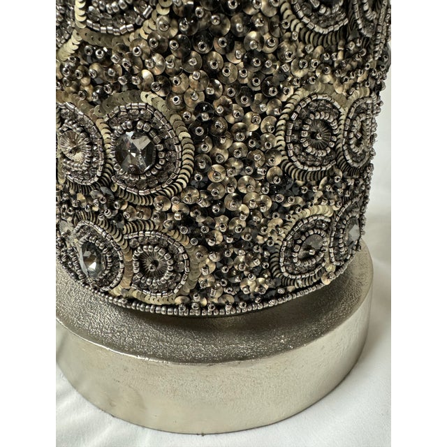 Set of 2 John Richard Hand Beaded Table Lamps. Intricaly hand beaded and features a nickel plate base. Shade is white...