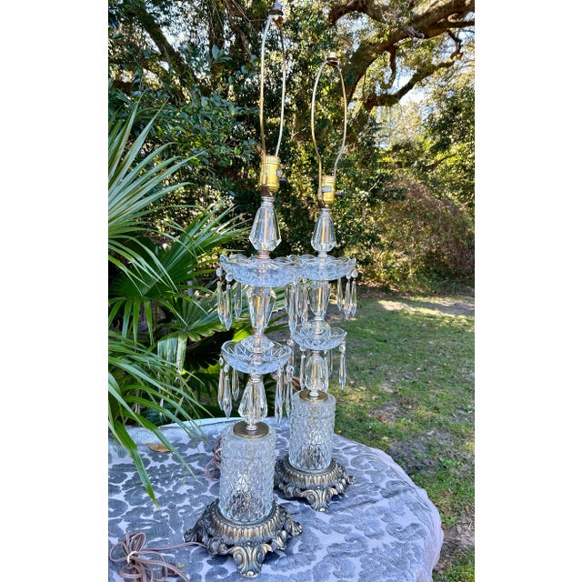 Metal 1960s Hollywood Regency Crystal Lamps With Lighted Bases A Pair For Sale - Image 7 of 12