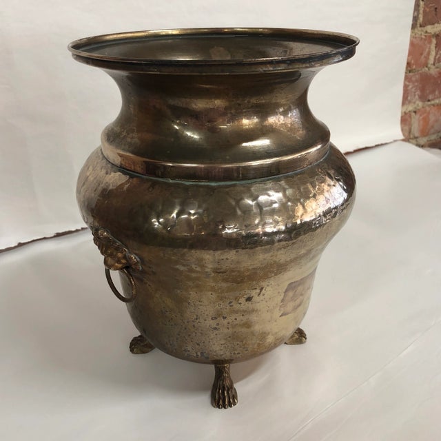 Mid 20th Century Georgian Style Hammered Brass Lion Head Motif Jardiniere For Sale - Image 5 of 7