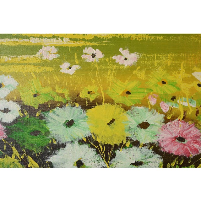 Yellow Vintage 1970s Lovers in the Flower Field Landscape Painting For Sale - Image 8 of 11