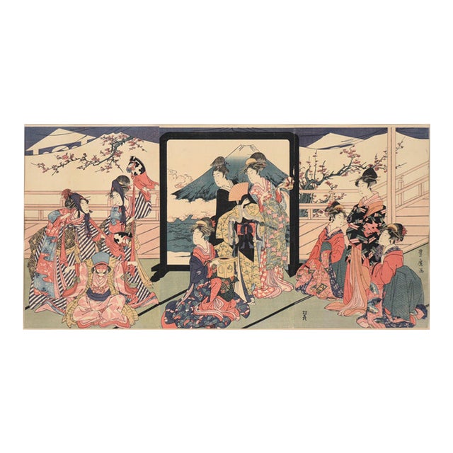 "Toy Horse Dance" Japanese Woodblock Triptych With Beauties and Mt Fuji by Utagawa Toyohiro For Sale