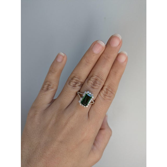 Metal 2.93cts Chrome Tourmaline Diamond Ring in 14k Gold | Emerald Cut 11x6mm, Size 6.75 For Sale - Image 7 of 7