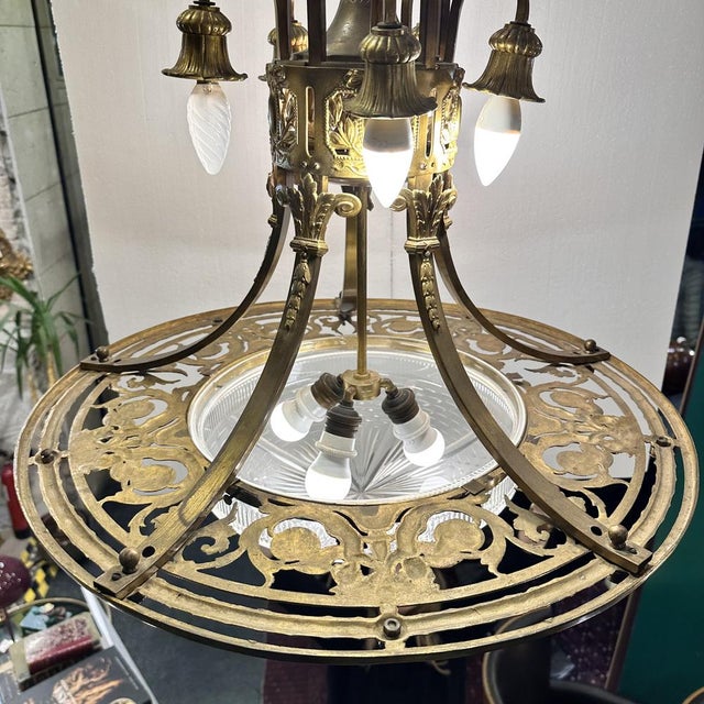 Art Nouveau Ceiling Lamp in Gilt Bronze and Frosted Crystal, France, 1930s For Sale - Image 12 of 18