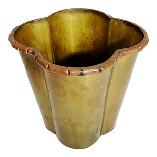 Brass & Copper Quadrafoil Planter With Faux Bamboo Edge For Sale