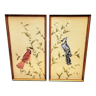 Vintage Red Robin Blue Bird Handmade Needlepoint Framed Narrow Wall Art- a Pair For Sale