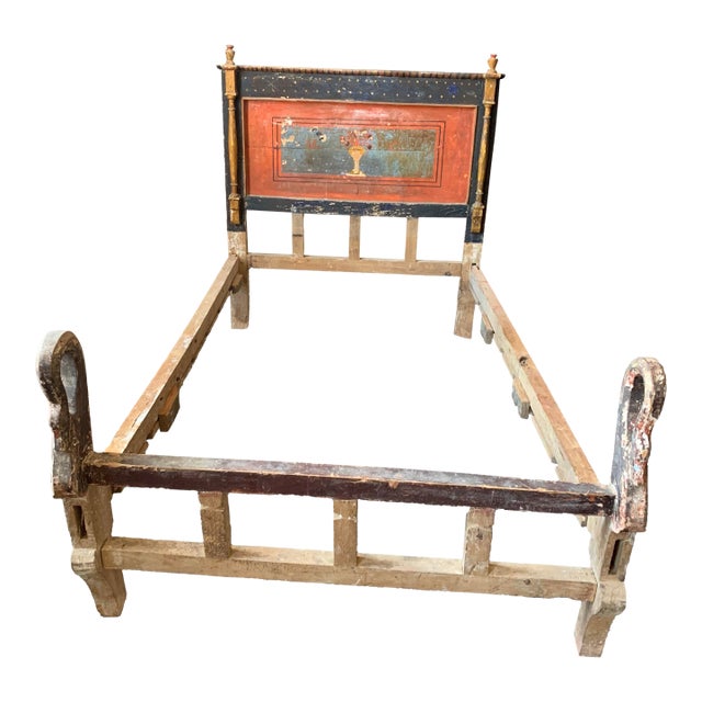 Antique Folk Art Primitive Hand Painted Carved Bed With Swan Carvings For Sale