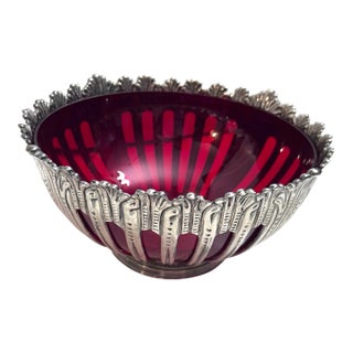 Godinger Silver Plated Centerpiece Bowl Ruby Red Glass Insert Vintage Footed Centerpiece Dish 10.5 Inch Decor For Sale