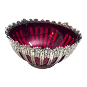 Godinger Silver Plated Centerpiece Bowl Ruby Red Glass Insert Vintage Footed Centerpiece Dish 10.5 Inch Decor