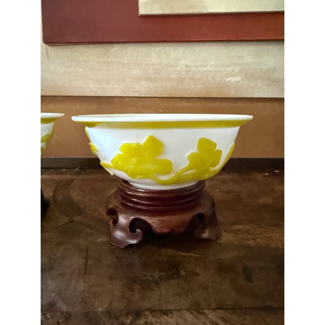 Set of Two Mid Century Peking Glass Bowls, Yellow Overlay Glass, Asian Decorative Art Glass For Sale In Chicago - Image 6 of 9