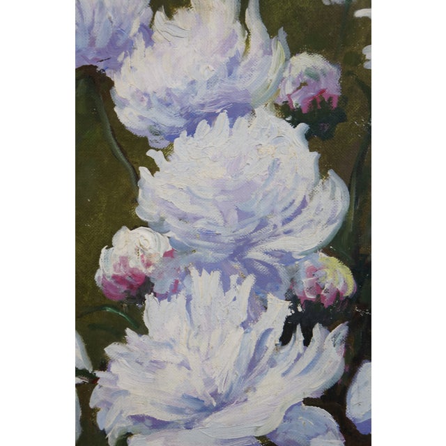 Textile Late 20th Century Bouquet of Purple Peony Flowers in a Glass Vase Still Life Oil Painting on Canvas 41" For Sale - Image 7 of 11