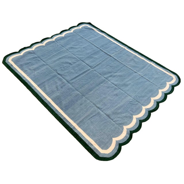 Mid-Century Modern Handmade Woolen Scalloped Rug, Blue With Cream and Forest Green Border - 8'x10' For Sale - Image 3 of 10