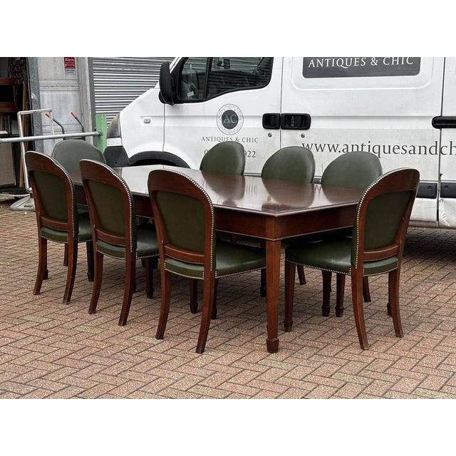 Brown Dining Table and Dining Chairs in Green Leather, Set of 9 For Sale - Image 8 of 18