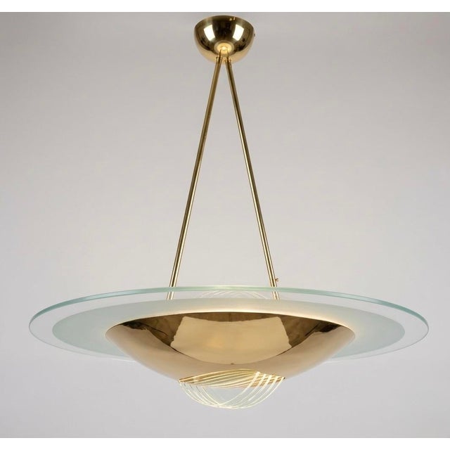1970s 1970s Mid-Century Modern French Brass & Frosted Glass Pendant Light – 24" Luxury Chandelier For Sale - Image 5 of 6