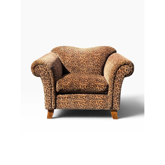 Oversized Leopard Print Club Lounge Chair | Rolled Arms & Camelback Crest | Includes Bolster Pillow For Sale - Image 4 of 16