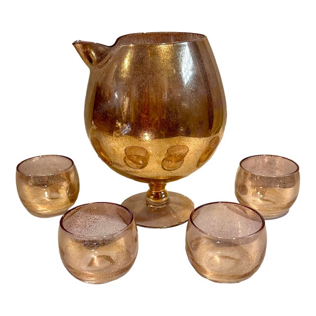 Vintage Gold Fleck Cocktail Pitcher and Roly Poly Glasses-Set of 4 For Sale