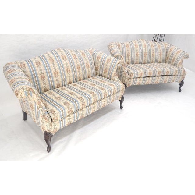Pair of Camelback Loveseat Blue & White Striped & Floral Upholstery MINT! For Sale - Image 18 of 18