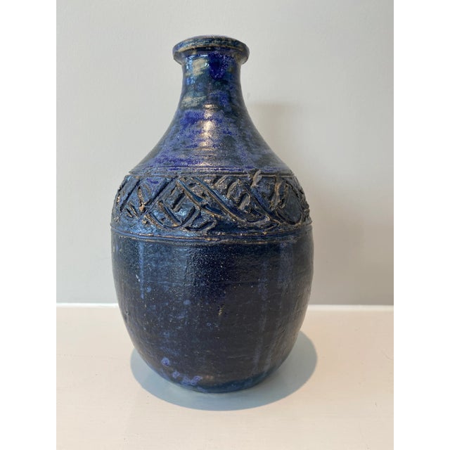 Vintage Glazed Ceramic Vase. Beautiful blue tones and carving