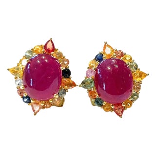 Bochic “Capri” Vintage Ruby & Multi Pastel Tourmaline Earrings Set In 18K Gold & For Sale