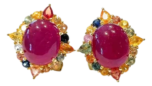 Bochic “Capri” Vintage Ruby & Multi Pastel Tourmaline Earrings Set In 18K Gold &