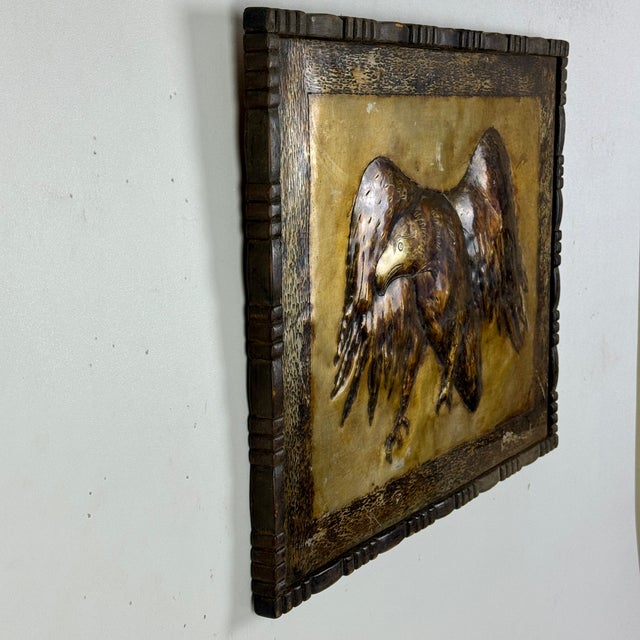Mid-Century Modern Vintage Signed/Dated MCM Repoussé Metal Art Work of Eagle in Flight, Wood Frame For Sale - Image 3 of 11