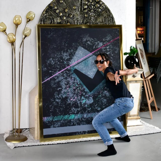 Textile Dana 1980s Large Black Pink and Blue Geometric Memphis Style Painting For Sale - Image 7 of 14