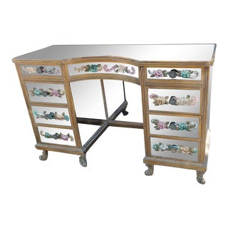 1950s Hollywood Chic Mirrored Vanity Table With Floral Accents For Sale