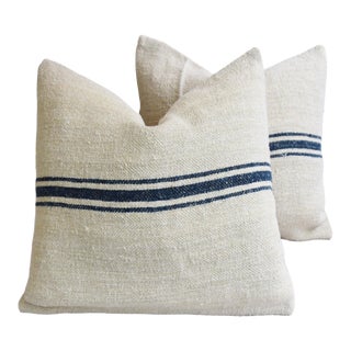 French Blue Stripe Grain Textile Feather/Down Pillows 23" X 17" - Pair For Sale
