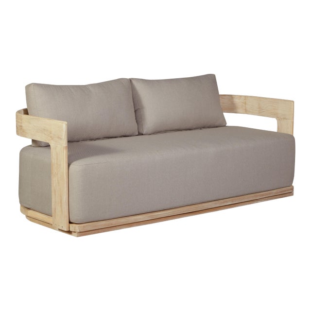 Eclipse Outdoor Solid Teak Wood Love Seat Natural - Gray Fabric For Sale