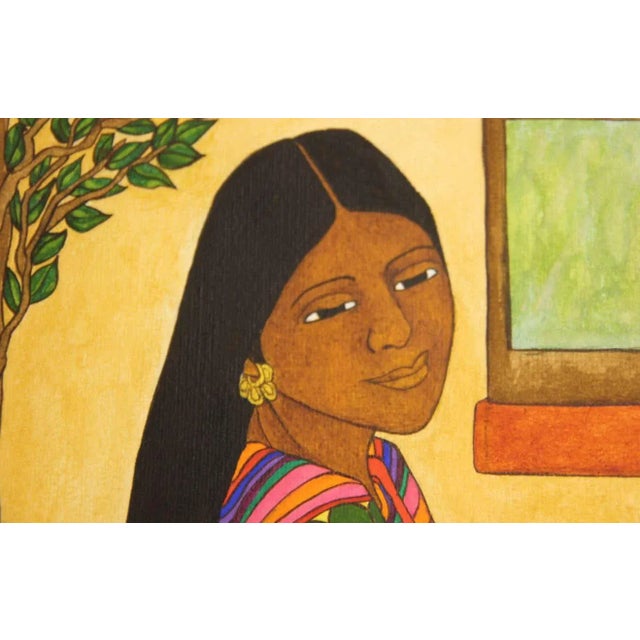 Nadine Mayes Colorful Watercolor Portrait of Seated Female in Pink and Orange Striped Dress 1990s For Sale - Image 4 of 11