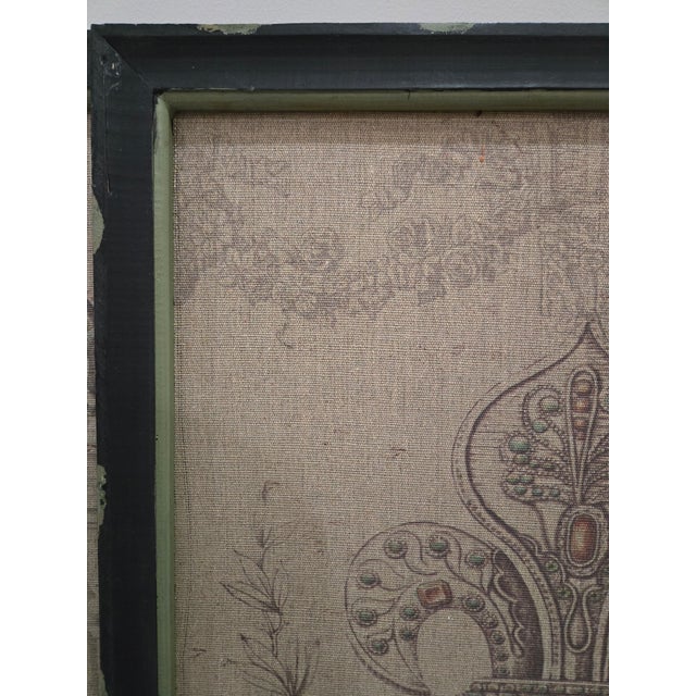 French Provincial 1990s Fleur-De-Lis & Ornamental Skeleton Key Burlap Canvas Prints - a Pair For Sale - Image 3 of 4