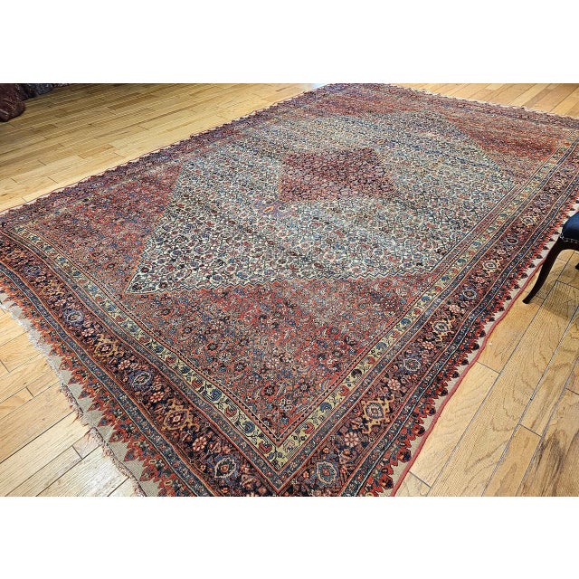 19th Century Persian Bidjar Rug, Hand-Knotted Wool, Herati Geometric Pattern, Ivory & Red, 10x14 For Sale In Chicago - Image 6 of 18