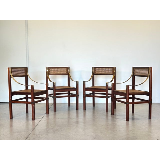 Mid-Century Modern Vienna Straw, Brass and Wood Chairs, 1970s, Set of 4 For Sale - Image 3 of 16