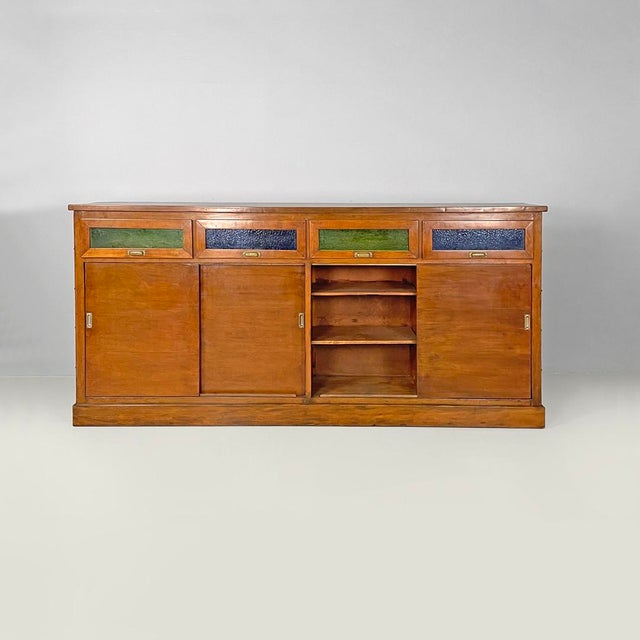 Italian Art Deco Wooden Sideboard with Green and Blue Stained Glass, 1930s For Sale - Image 4 of 18