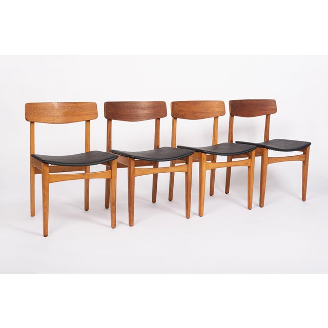 Mid-Century Modern Mid Century Danish Teak Wood & Black Vinyl Dining Chairs For Sale - Image 3 of 13