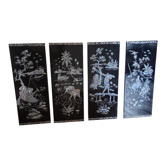 VTG Rare Set of 4 Panels Vietnamese Mother of Pearl Inlay Lacquer Fishing Hunting Plaques Farm Life MCM Sơn Mài For Sale