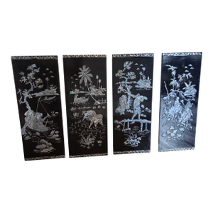 VTG Rare Set of 4 Panels Vietnamese Mother of Pearl Inlay Lacquer Fishing Hunting Plaques Farm Life MCM Sơn Mài