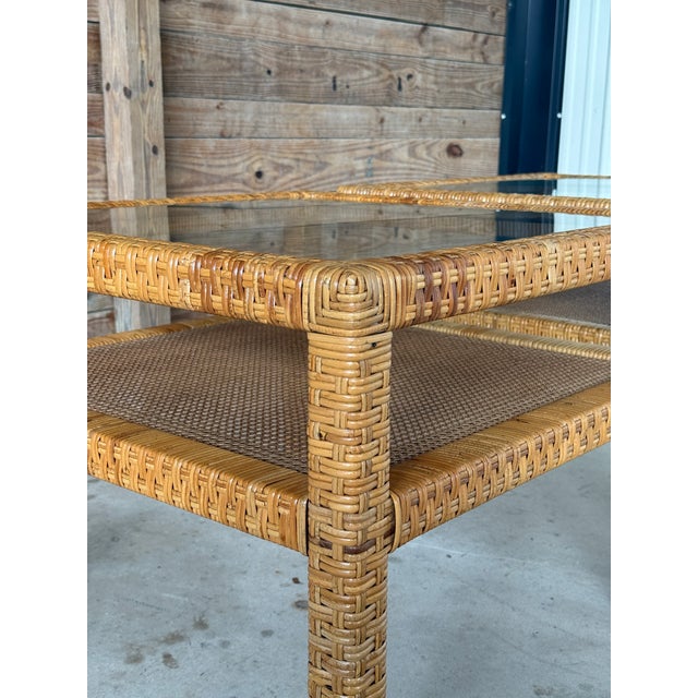 Contemporary Vintage Organic Modern Rattan & Cane Side Tables With Glass Tops – Pair For Sale - Image 3 of 12