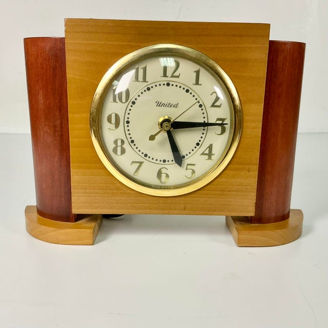 Tan 1940s Vintage Art Deco Arts & Crafts Boho Chic Wood Tabletop Clock For Sale - Image 8 of 13
