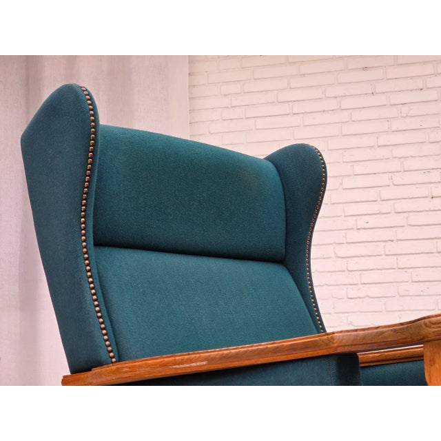 Danish Highback Armchair in Turkis-Green Wool and Oak Wood, 1970s For Sale - Image 14 of 18