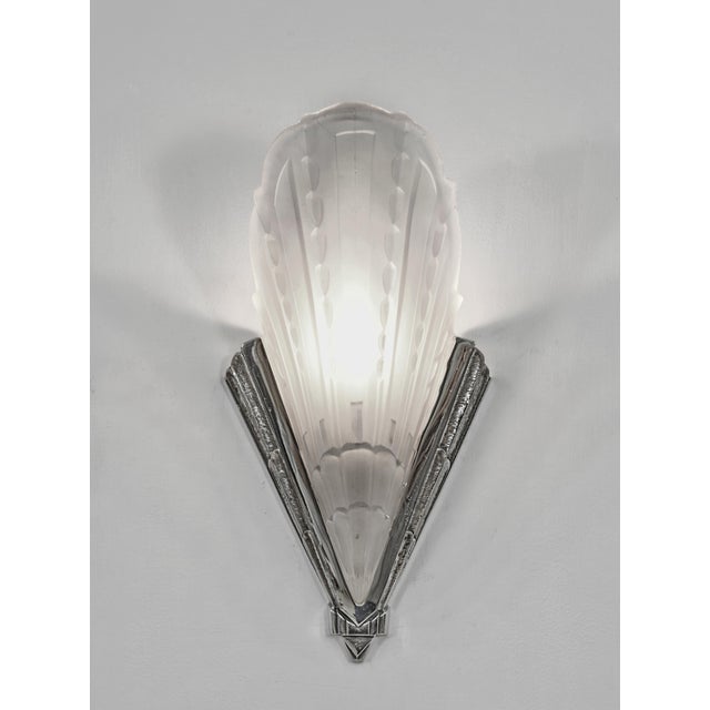 1930s French Art Deco Frosted Glass & Nickeled Bronze Slip Shade Wall Sconces 1930s by Ejg - A Pair For Sale - Image 5 of 11