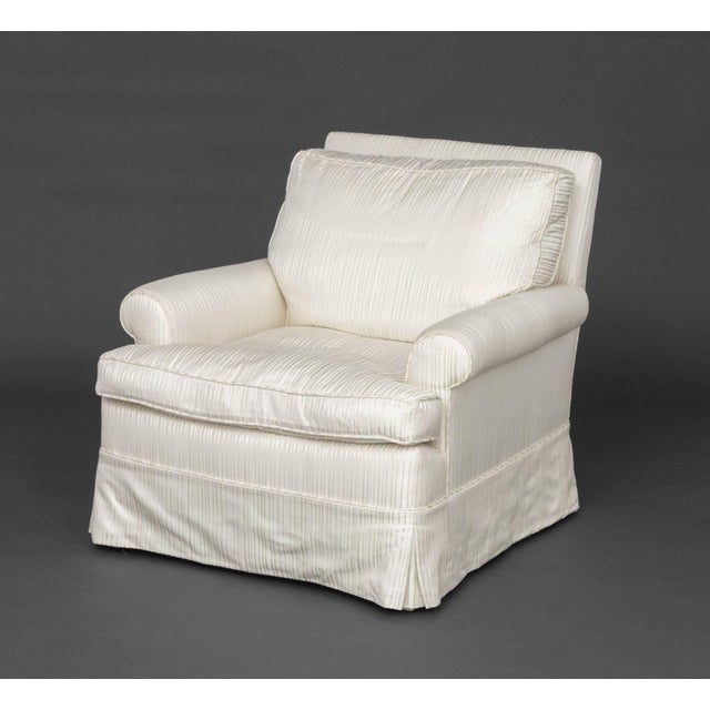 Modern Striped White Silk Upholstered Arm Chair. 30" H x 32" W x 31" D; seat: 17" H. Provenance: From a 500 Park Avenue...