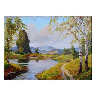 Mid Century Serene Lake Oil Paining by Karl Lechner For Sale