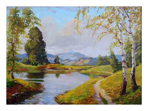 Mid Century Serene Lake Oil Paining by Karl Lechner
