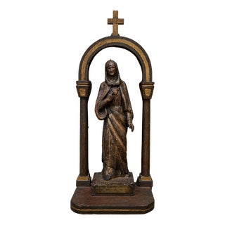 Wooden Devotional Statue Representing the Virgin with the Sorrowful and Immaculate Heart, 1800s For Sale