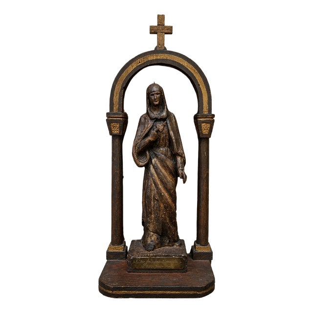 Wooden Devotional Statue Representing the Virgin with the Sorrowful and Immaculate Heart, 1800s For Sale