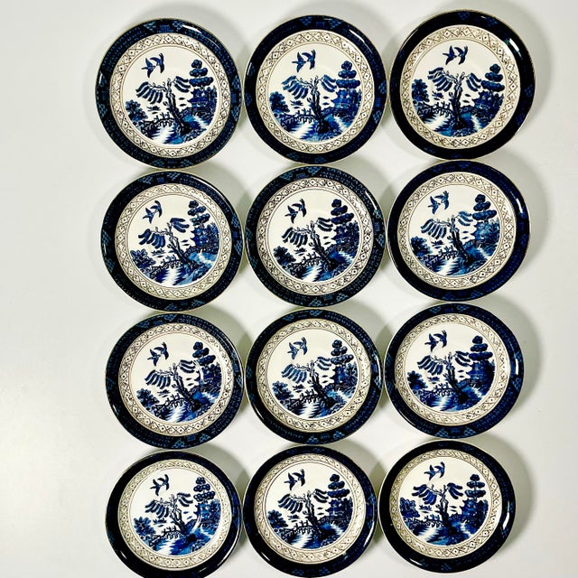 Japanese 1940s Vintage Japanese Chinoiserie Hollywood Regency Blue Willow Small Plates - Set of 12 For Sale - Image 3 of 13