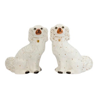 Large White Antique Staffordshire Dogs / Spaniels, a Pair For Sale