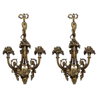 Louis XIV Style Gilt Bronze 3-Arm Wall Sconces, France, Set of 2 For Sale