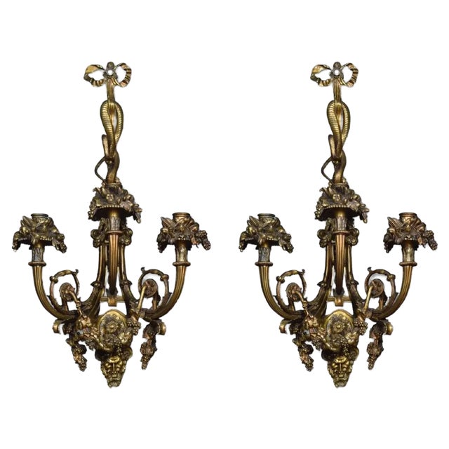 Louis XIV Style Gilt Bronze 3-Arm Wall Sconces, France, Set of 2 For Sale