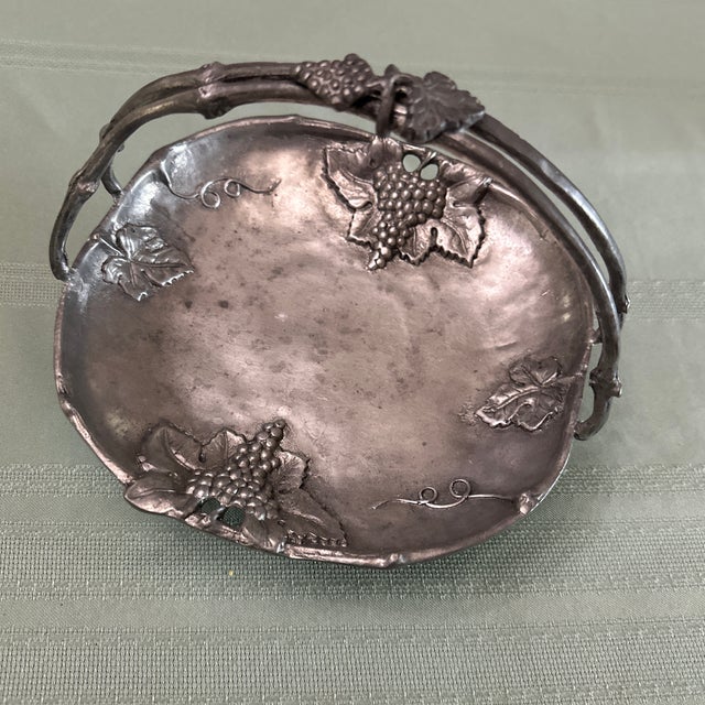 19th C. Nouveau Jugendstil Ornate Pewter Handled Basket Visiting Card Tray For Sale - Image 9 of 12